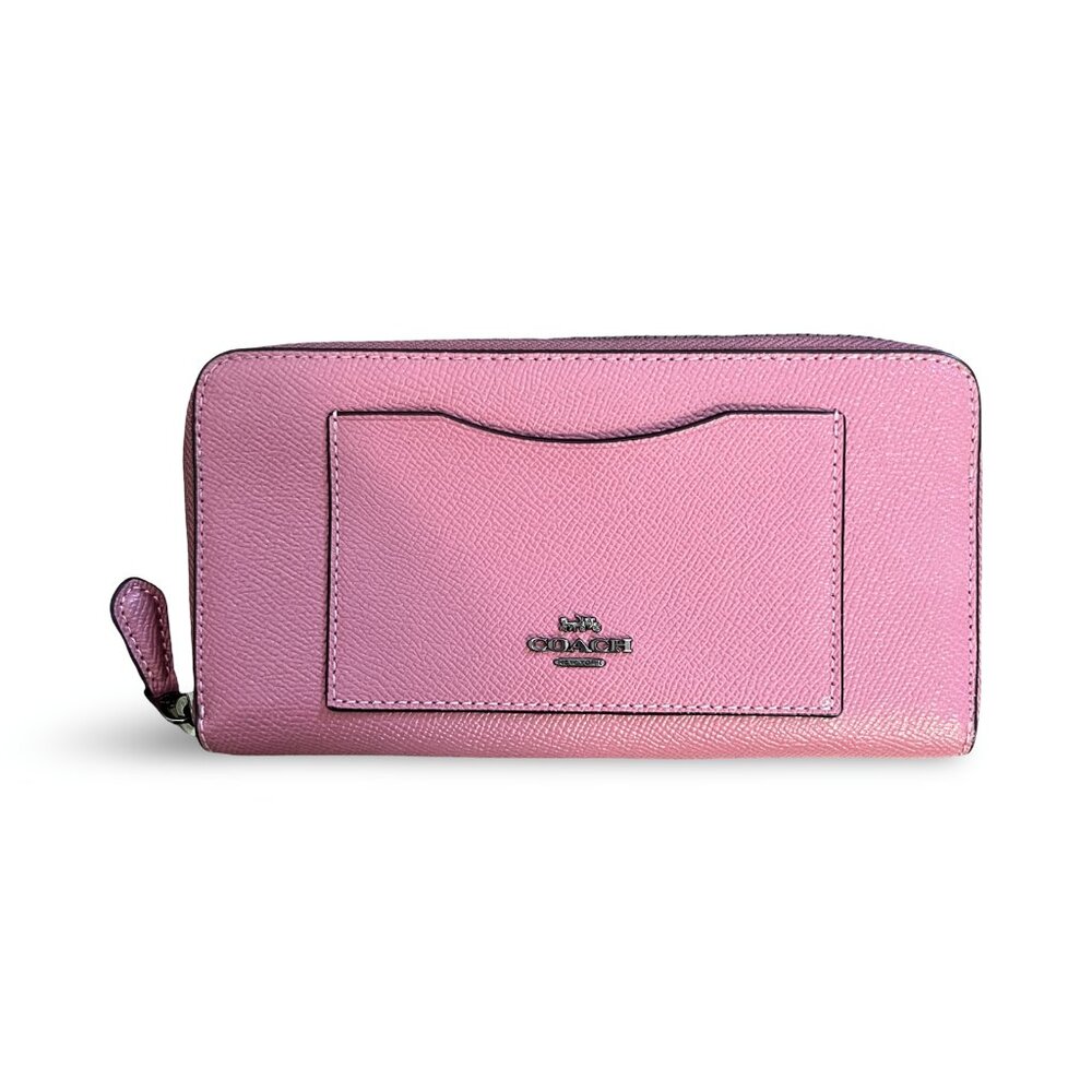 Coach Accordion Long Zip Around Wallet Pink Mauve Silver Hardware Pebble Leather